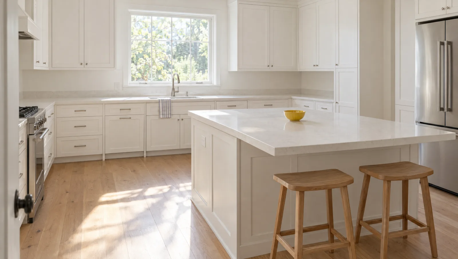 Illustrative sunlit kitchen with a clear island and oak stools