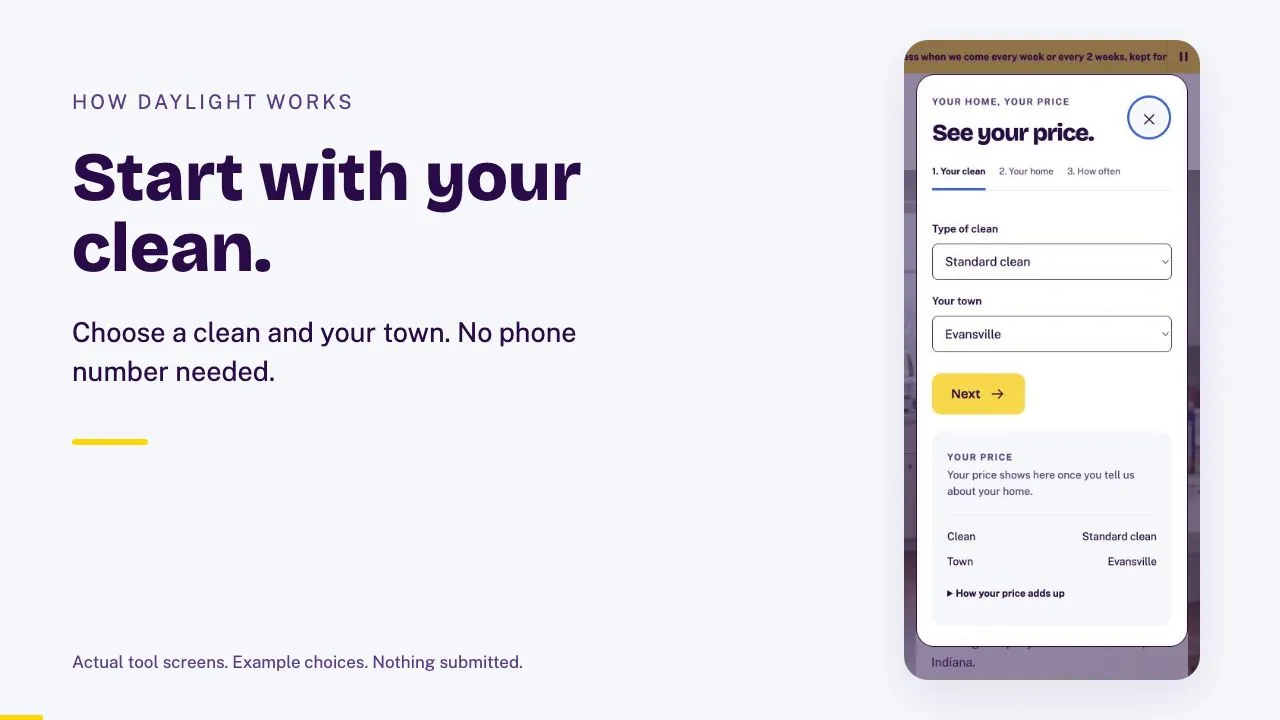 The Daylight price builder asks for your clean and town before your phone number.